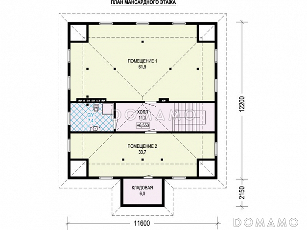 Проект дома с гаражом на две машины, сауной, спальнями на втором этаже с выходом на террасу / План мансардного этажа