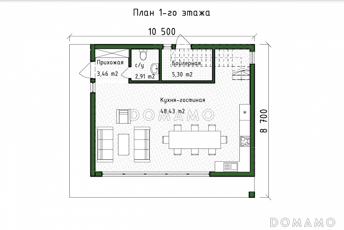 Проект двухэтажного коттеджа в стиле хай-тек, адаптированный для сейсмозоны / План 1 этажа