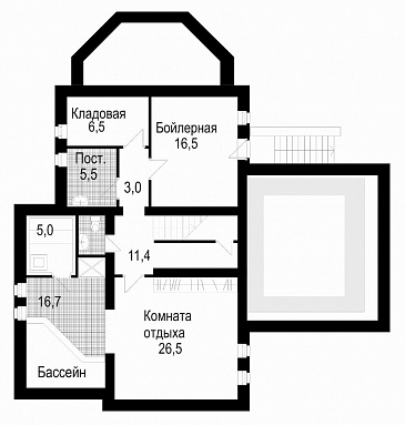 Проект двухэтажного дома из кирпича с мансардой / План цокольного этажа