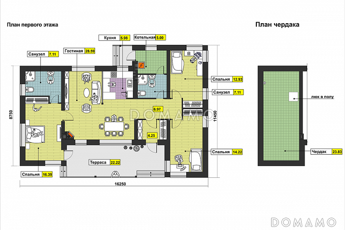 Проект одноэтажного дома из SIP панелей с большой крытой террасой, тремя спальнями, кузней с окном, чердаком / План 1 этажа
