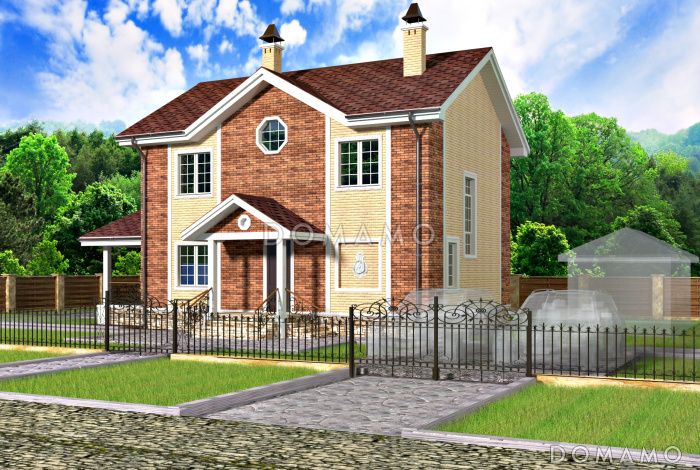 Проект небольшого двухэтажного кирпичного коттеджа с террасой при кухне