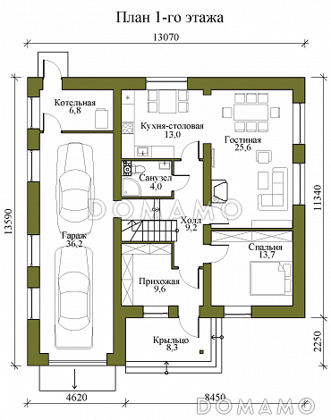 Проект двухэтажного каркасного дома с гаражом на два машиноместа, тремя спальнями и кабинетом на втором этаже / План 1 этажа