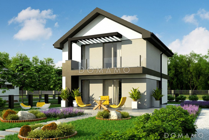 Проект двухэтажного дома с небольшой комнатой на первом этаже, кухней с окном, террасой, балконами