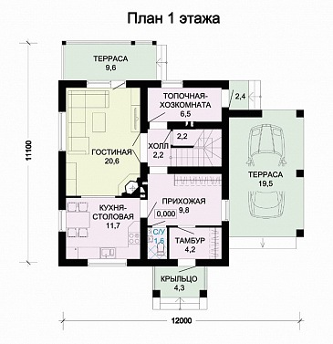 Проект дома из SIP панелей с навесом для автомобиля / План 1 этажа
