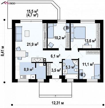 Проект компактного одноэтажного дома из кирпича с острой крышей, с тремя спальнями и небольшой крытой террасой / План 1 этажа