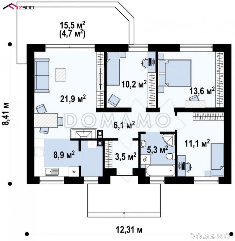 Проект компактного одноэтажного дома из кирпича с острой крышей, с тремя спальнями и небольшой крытой террасой / План 1 этажа