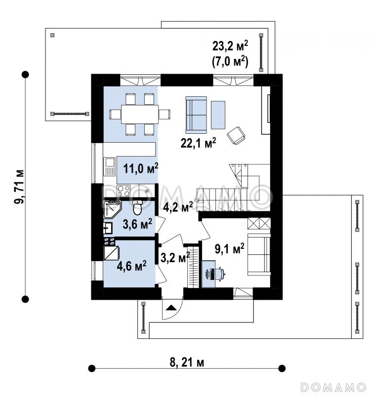 Проект двухэтажного загородного дома для семьи с детьми, просторной ванной, террасой / План 1 этажа