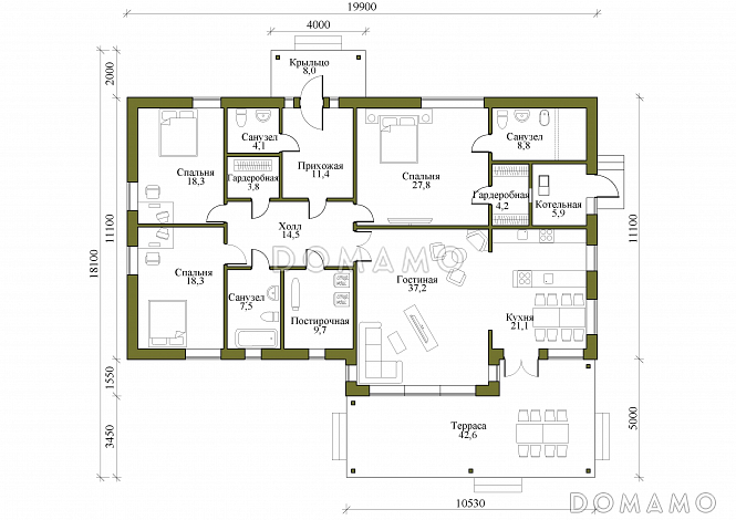 Проект просторного одноэтажного кирпичного дома в стиле хай-тек с тремя спальнями и террасой / План 1 этажа