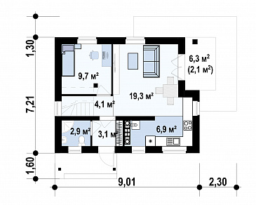 Проект дома с террасой, санузлом с окном, спальней на первом этаже / План 1 этажа