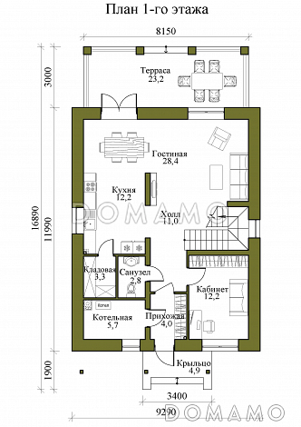 Проект двухэтажного кирпичного дома с крытой террасой и четырьмя спальнями на втором этаже / План 1 этажа