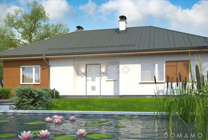 Проект одноэтажного дома из кирпича с просторной дневной зоной и тремя спальнями