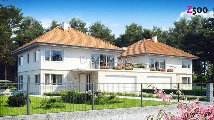 Проект двухэтажных домов-близнецов из газобетона с открытой террасой над большим гаражом 