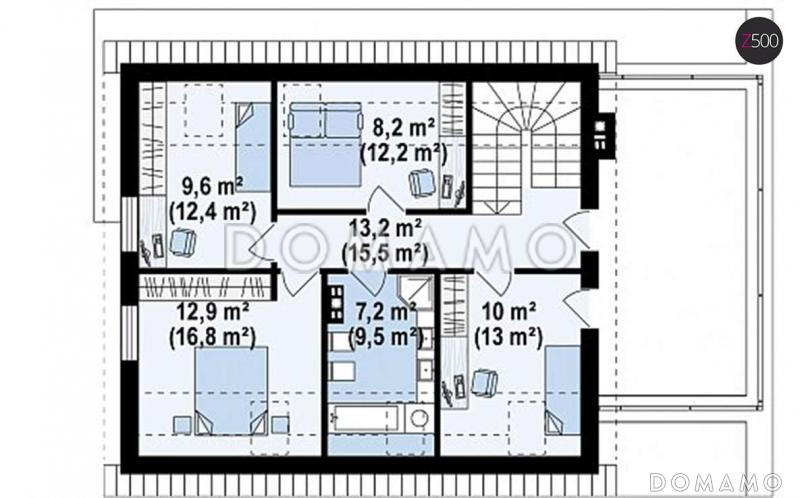 Проект одноэтажного мансардного дома из кирпича в современном стиле, с гаражом и террасой над ним / План мансардного этажа