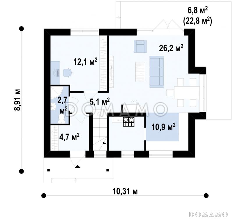 Проект загородного дома с мансардными окнами, балконом, открытой террасой / План 1 этажа