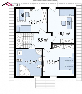 Проект загородного дома с террасой, балконом, кладовой на кухне, просторной ванной / План мансардного этажа