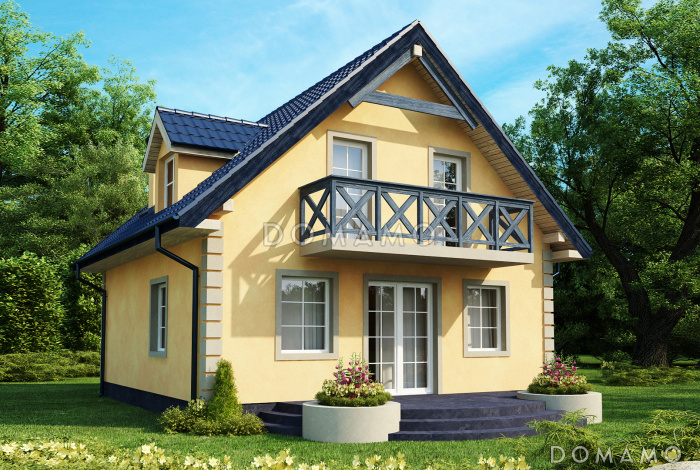 Проект загородного дома с просторной гостиной, балконом, террасой, изолированной кухней