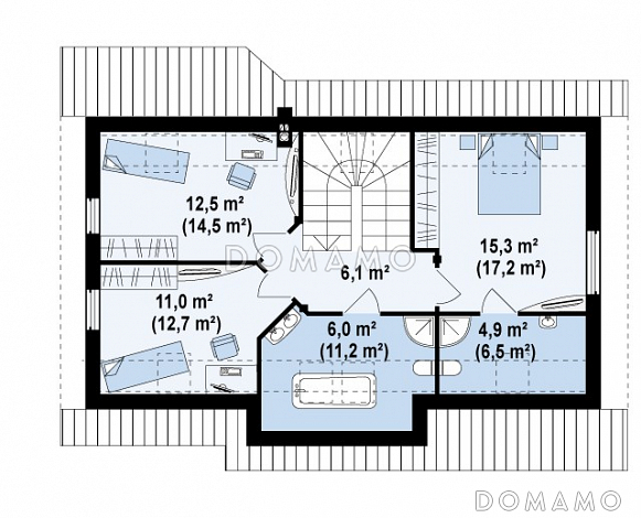 Проект традиционного мансардного дома из кирпича с дополнительной спальней на первом этаже / План мансардного этажа