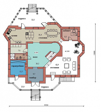 Проект двухэтажного дома с цоколем и мансардой, с сауной, бассейном и вторым светом  / План 1 этажа