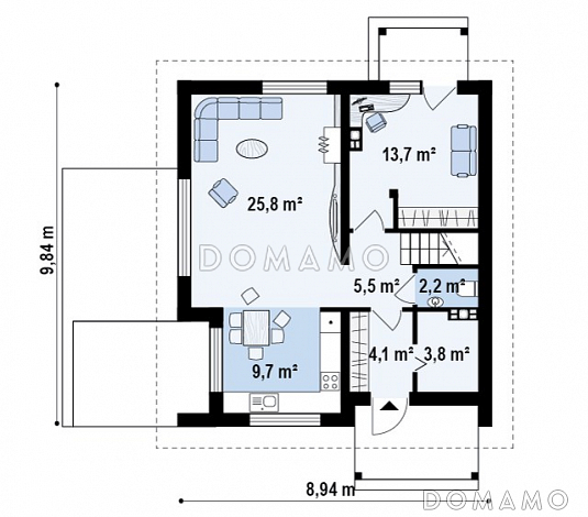 Проект одноэтажного дома с высоким мансардным этажом из газобетона с кабинетом и угловым балконом / План 1 этажа