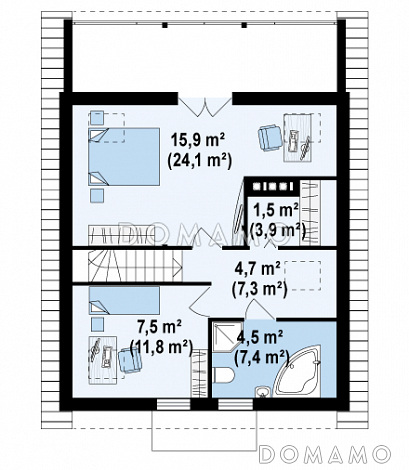 Проект компактного одноэтажного мансардного дома из кирпича с двумя спальнями, кабинетом и двумя крытыми террасами / План мансардного этажа