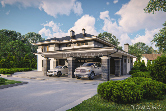 Проект  двухэтажного дома с гаражом на 2 машины, большой гостиной, проходом на кухню из прихожей, отдельным входом в котельную