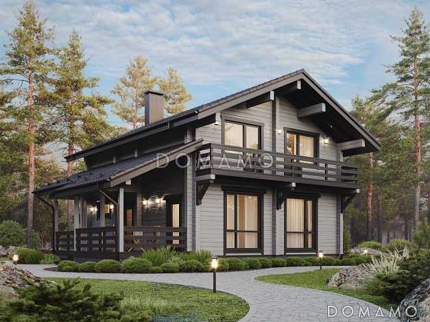 Проект загородного дома с террасой, комнатой на первом этаже, кладовой под лестницей, балконом