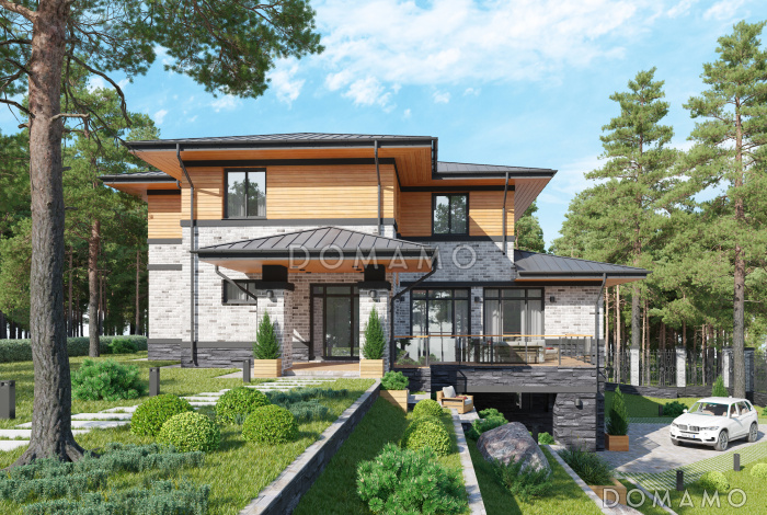 Проект дома с гаражом на 2 машины и навесом, сауной, террасой, кабинетом, детской