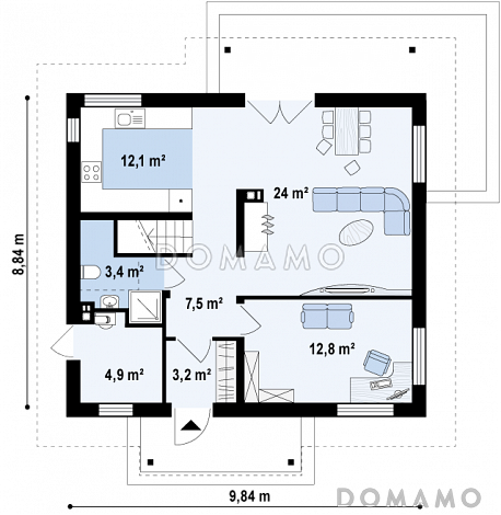 Проект компактного мансардного дома из газобетона с угловой террасой и окнами с французским балконом / План 1 этажа