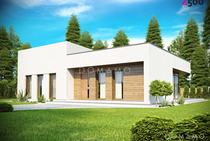 Проект современного одноэтажного дома с плоской крышей из газобетона с тремя спальнями и панорамным остеклением гостиной 