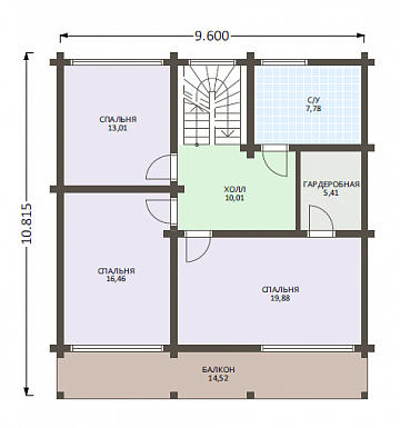 Проект деревянного дома из клееного бруса с многоуровневой крышей и навесом для авто / План 2 этажа