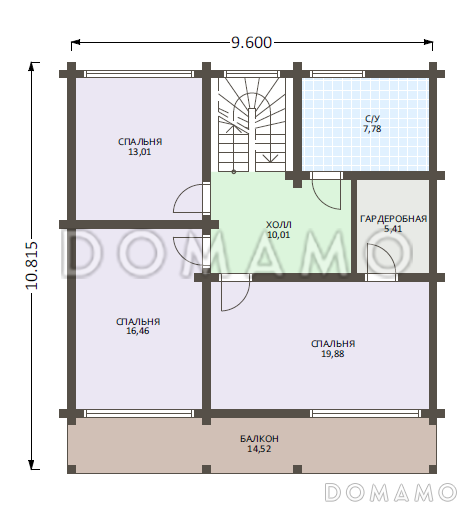 Проект деревянного дома из клееного бруса с многоуровневой крышей и навесом для авто / План 2 этажа
