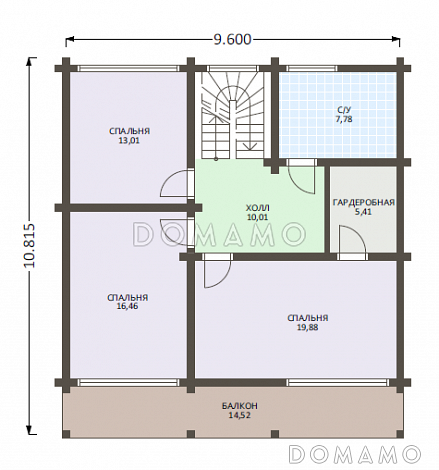 Проект деревянного дома из клееного бруса с многоуровневой крышей и навесом для авто / План 2 этажа