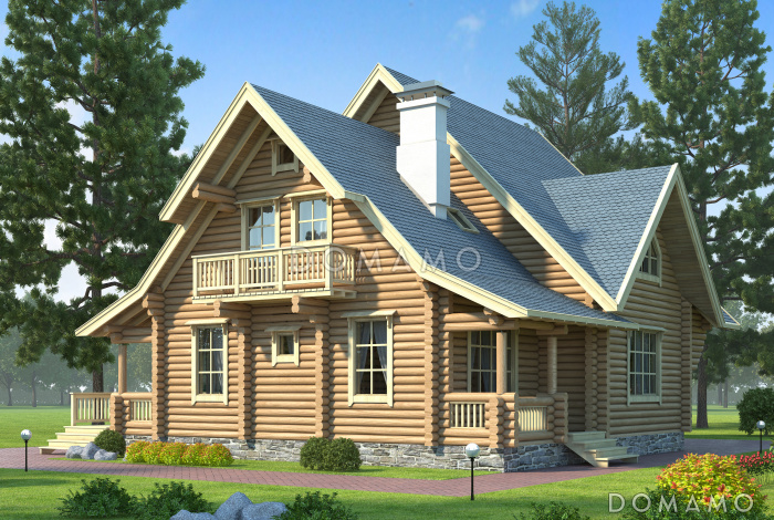 Проект комфортабельного дома из бревна с тремя спальными комнатами и уютной гостиной