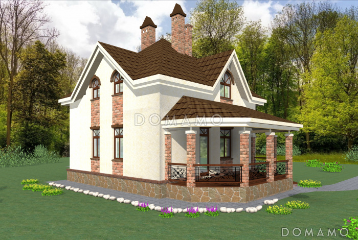 Проект квадратного  коттеджа  со входом с угла и большой террасой
