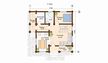 Проект дома из клееного бруса с санузлом на первом и втором этаже / План 1 этажа