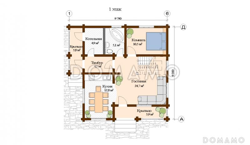 Проект дома из клееного бруса с санузлом на первом и втором этаже / План 1 этажа