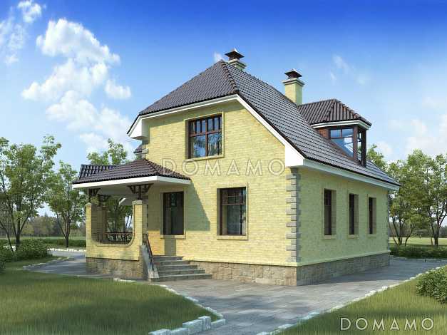 Проект коттеджа с большой террасой и небольшим подвалом.