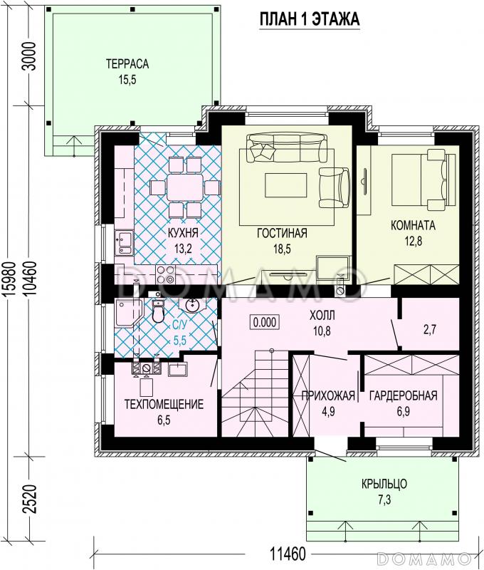 Проект двухэтажного дома с 4 спальнями, вторым светом, галереей-библиотекой / План 1 этажа