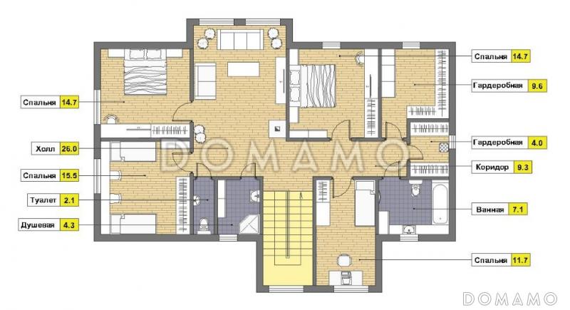Проект каркасного дома с просторным холлом на мансардном этаже / План мансардного этажа