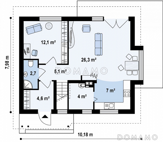Проект небольшого одноэтажного мансардного дома из газобетона с дополнительной комнатой на первом этаже и эркером / План 1 этажа