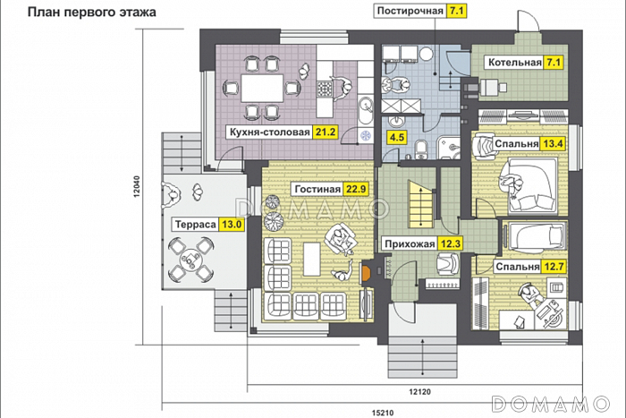 Частный загородный дом с террасой на первом и мансардном этаже, двумя спальнями на мансардном этаже с хозяйской ванной / План 1 этажа