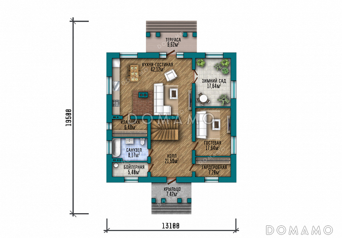 Проект дома с 3 большими спальнями, зимним садом, террасой и балконом / План 1 этажа