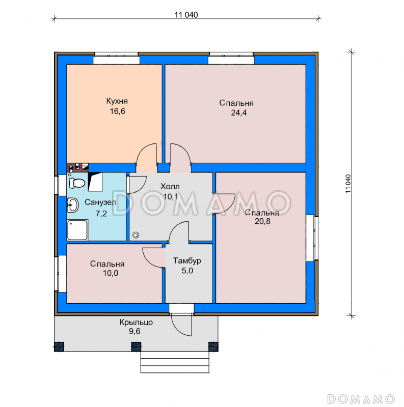 Проект дома с крытым крыльцом, изолированной кухней, тремя спальнями и санузлом с окном / План 1 этажа