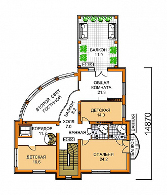 Проект четырехэтажного дома с необычной формой в плане, двусветной гостиной и бассейном / План 2 этажа