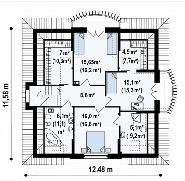Проект мансардного дома из газобетона с тремя спальнями, кабинетом и красивыми балкончиками / План мансардного этажа