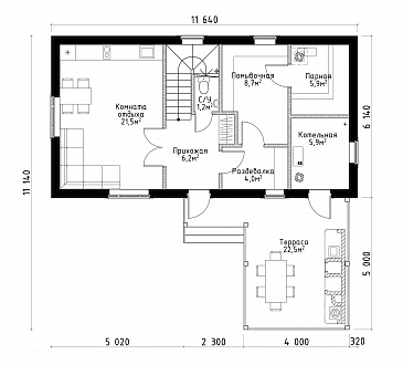 Проект бани с жилой мансардой, террасой и барбекю. / План 1 этажа