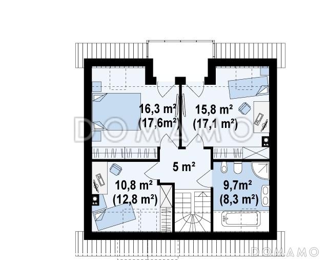 Проект одноэтажного мансардного дома из газобетона с кабинетом и балконом / План мансардного этажа