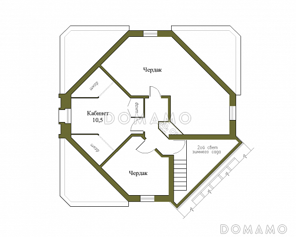 Проект коттеджа с подвалом и зимним садом из кирпича / План мансардного этажа