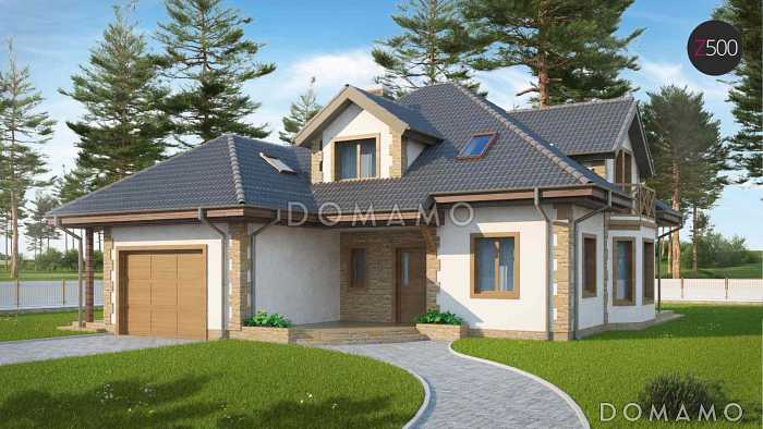 Проект просторного одноэтажного мансардного дома из газобетона с кабинетом, эркером, балконом и гаражом