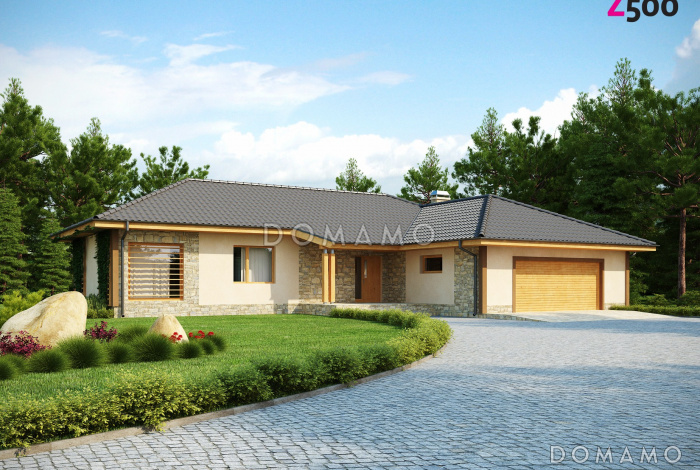 Проект просторного одноэтажного дома из кирпича с фронтальным гаражом на два автомобиля и отделённой зоной сна